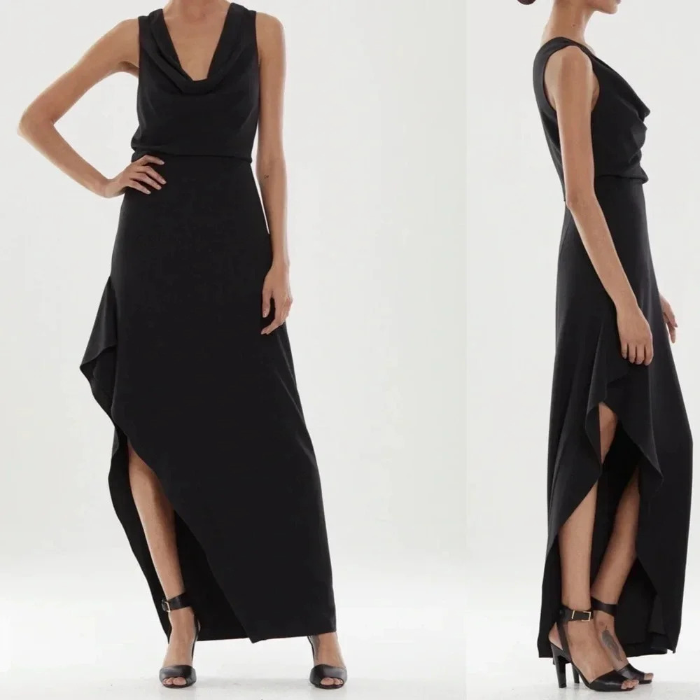 Halston Effle Dress 14 Black Cowl Shimmer Crepe‎ Dramatic Drape Dark Romantic